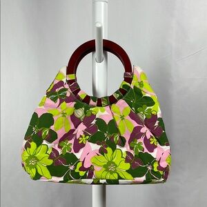 Vibrant Pink and Green Tropical Floral Tote with Wooden Round Handles Exotic Bag